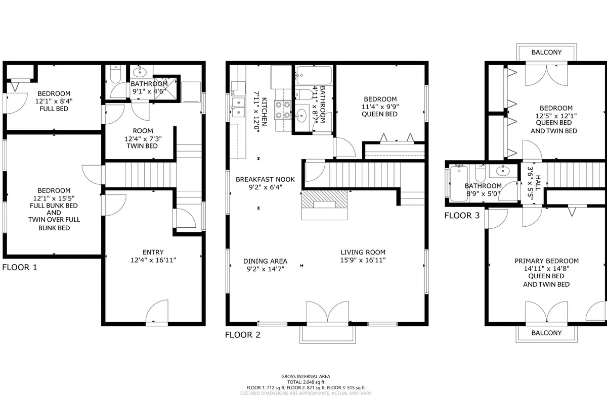 A wide-angle view encompassing the entryway, living room, dining area, kitchen, and balconies. The space feels open and bright, with natural light streaming through large windows. The living area is arranged for comfort and socializing, while the dining table sits adjacent to the kitchen, ideal for group meals. Visible balconies hint at a connection to the outdoors.