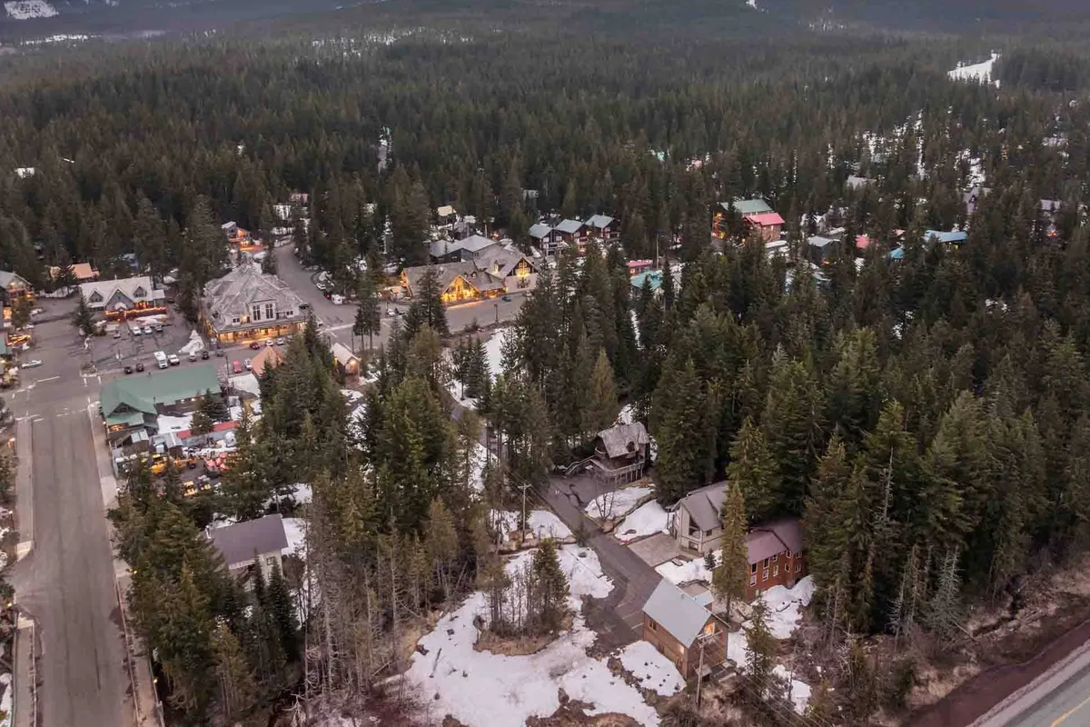 An exterior shot showing a peaceful neighborhood nestled in a dense forest, with scattered homes, a main road, snow patches, and a majestic mountain backdrop. The setting speaks to communal mountain living and the tranquil environment pets and owners alike will enjoy.